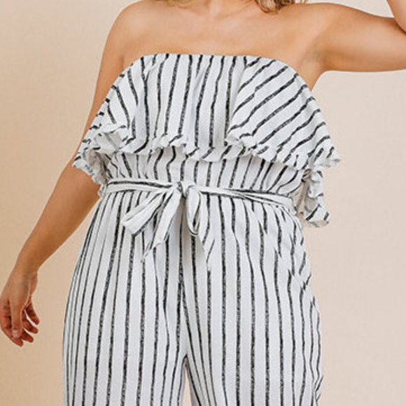 Striped Boho Ruffle Strapless Wide Leg Jumpsuit - Picture 5 of 6